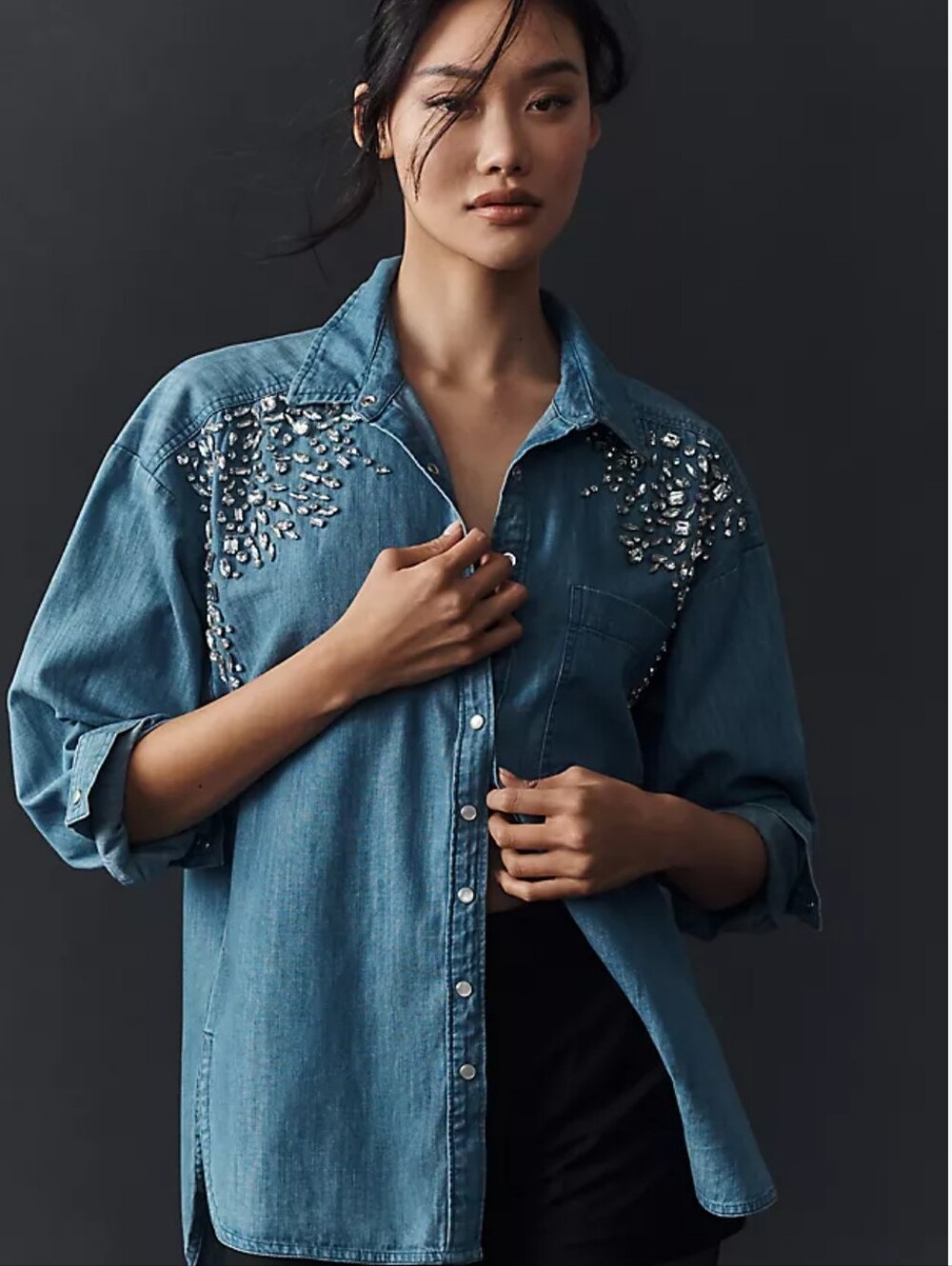 Anthropologie Pilcro Crystal Embellished Denim Snap Button Shirt - Blue